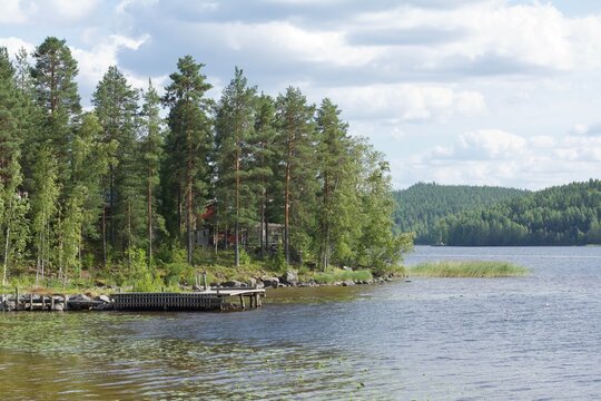 Wooden pier on a calm lake with a summer cottage and pine trees in Finland