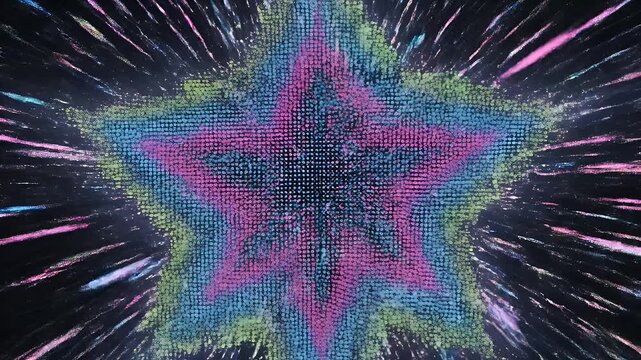 Abstract burst of colorful streaks and particles emanating from a central point.