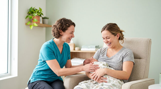 Lactation consultant visiting new mother holding baby in cozy setting  
