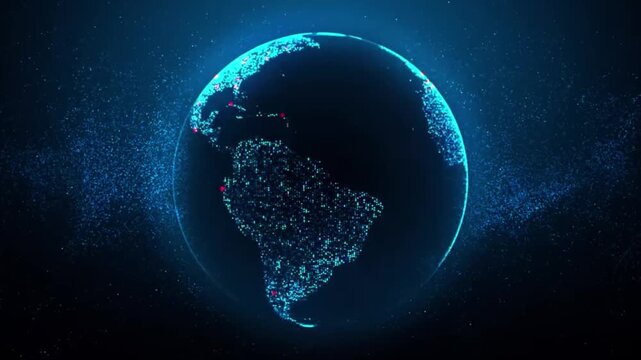 Abstract 3D digital earth globe rotating with blue particle network in loop