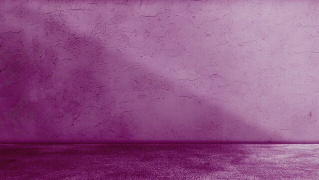 Empty room studio background with purple textured stucco wall, dark magenta cement floor, and elegant diagonal shadow light beam. Minimalist design for product mockup, display, or presentation.