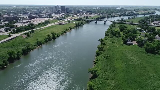 Aerial view of a river flowing through a city with bridges and green banks.