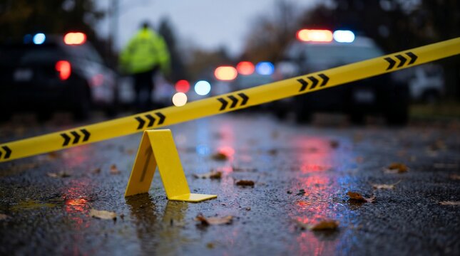 Crime Scene Evidence Marker Behind Police Tape With Blurred Emergency Vehicles at Night