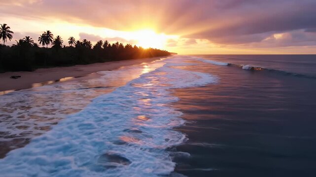 Tropical beach at sunset with palm trees and breaking waves.