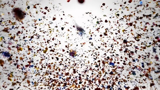 Abstract explosion of colorful particles against a light background.