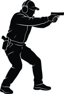 Black silhouette of a male shooter aiming a handgun pistol isolated on white background