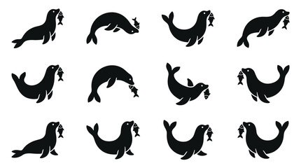 Set of twelve black silhouette icons depicting seals and sea lions holding a fish in their mouths, showing various swimming and sitting poses isolated on a plain white background. © Tutorialxxx18