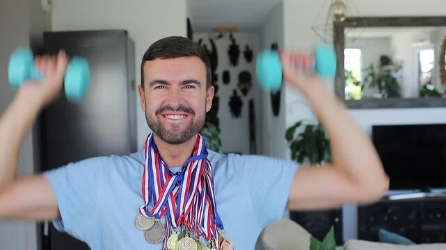 Skinny Man Flexing Biceps With Small Plastic Weights