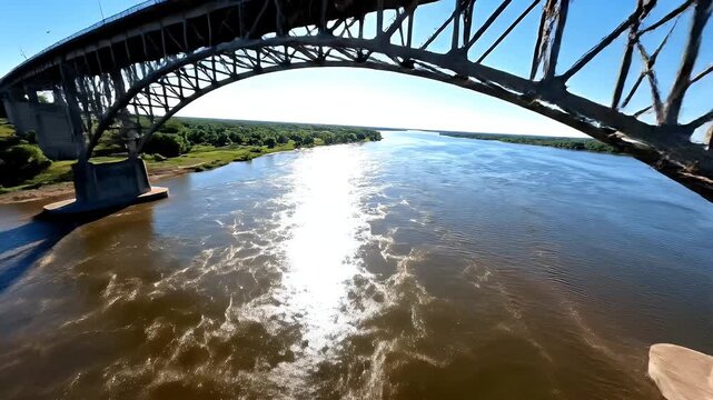 An aerial view showcases a long bridge spanning across two rivers with distinct colors, set against a backdrop of lush greenery and a clear blue sky.