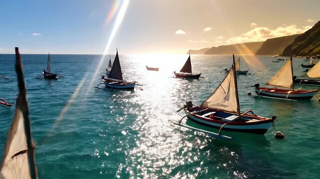 A fleet of traditional sailboats bobs gently on the sparkling turquoise ocean under a bright, sunlit sky.