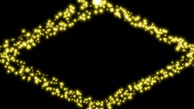 Elegant yellow starry diamond border on chroma key black screen background, magical glowing particle transition for beautiful holiday videos,  magical golden glitter bokeh border overlay, 4k video