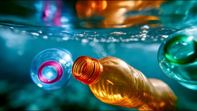 Colorful plastic bottles floating underwater, highlighting ocean pollution, recycling, environmental damage and microplastic waste