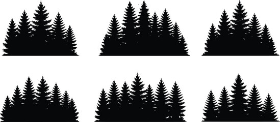 Set of six black pine forest silhouettes, coniferous tree groupings isolated on a white background, for nature © Tanzila
