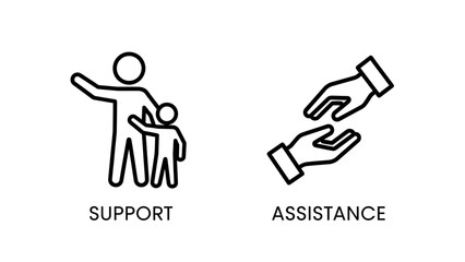 Fototapeta premium Support and assistance icons set illustrating helping hands and community care
