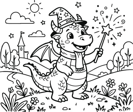 This illustration features a charming cartoon dragon dressed as a wizard, holding a magic wand, with a castle and whimsical landscape, isolated on a white background.
