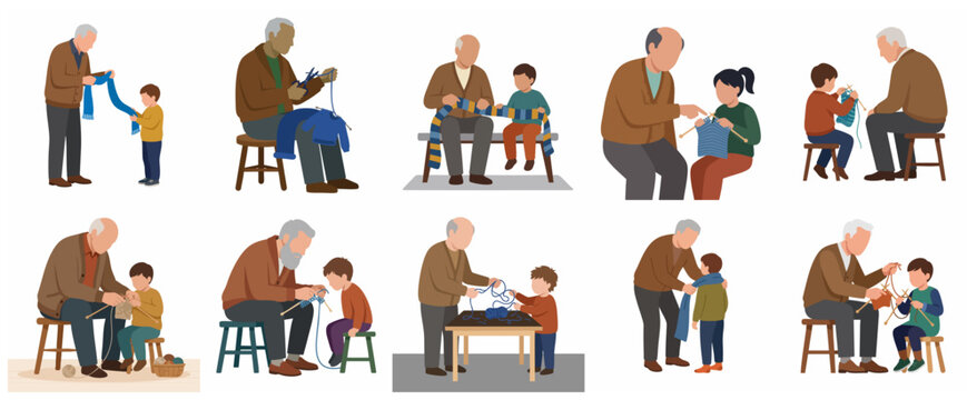 Grandfather and grandchild knitting and sewing together vector illustration set
