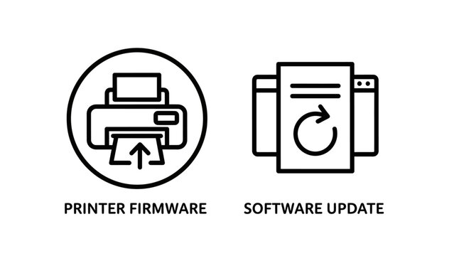 Printer firmware and software update technical icons with firmware, software