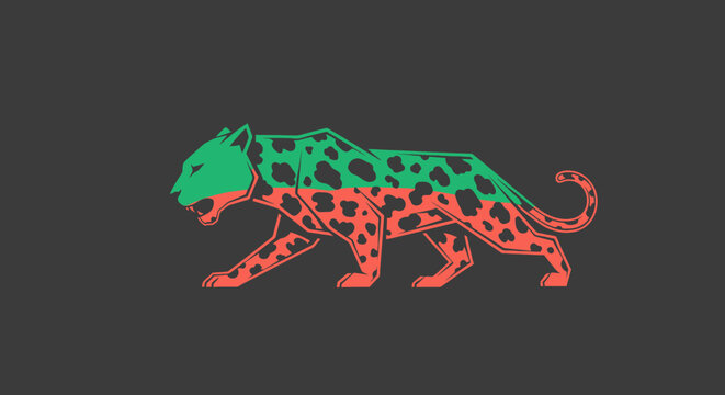 Geometric illustration of a prowling cheetah with green and orange split colors on a dark background