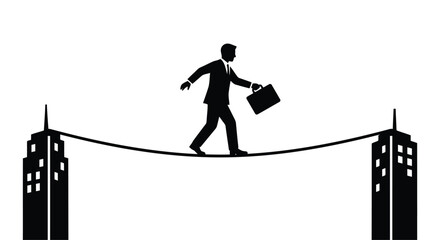 Man walking on rope between buildings black silhouette on white background © Emon