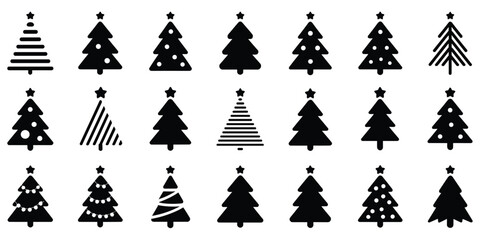 Collection of twenty-one distinct black christmas tree with various decorative patterns on a white background © Tanzila