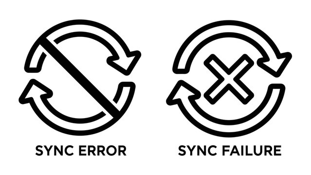 Sync error and sync failure icons for data synchronization issues with circular