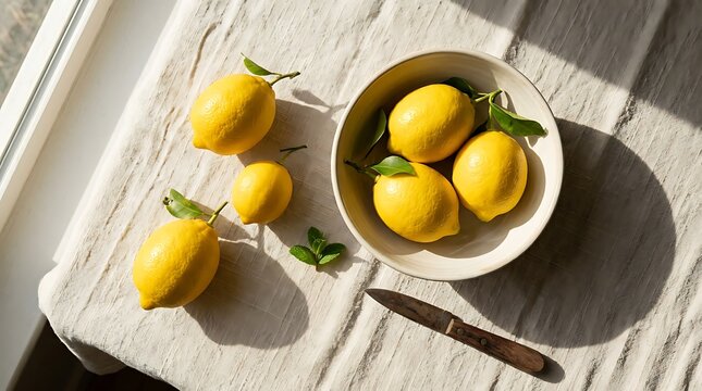 Fresh yellow lemons in a ceramic bowl and on a rustic wooden table with a kitchen knife in natural sunlight