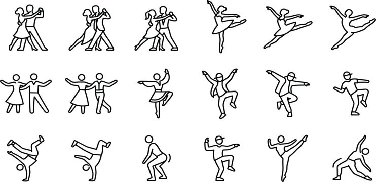 Dance and Performing Arts Line Icon Set with Ballet, Ballroom, Contemporary, Jazz, and Partner Dance Movement Symbols