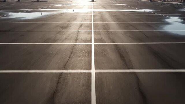 Sunlight reflects on a wet parking lot with white lines.