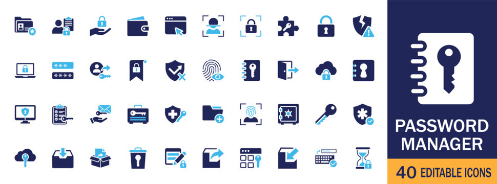 Password manager icon set with modern cyber security symbols for web layouts