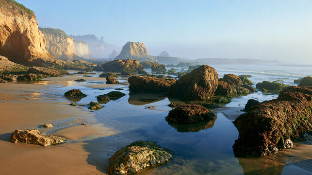 Shimmering tide pools nestle among dark seaweed-covered rocks on a wide sandy beach as tall sea stacks rise through morning mist, all glowing in the warm amber light of a soft golden sunrise.