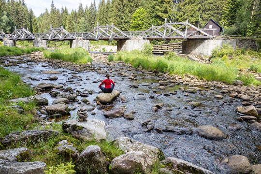  wooden bridge Rechle, Vydra river, national park Sumava, Czech republic