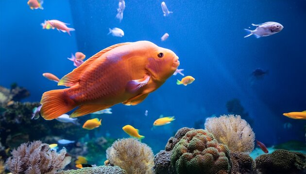 shoal of orange parrot fish swims in the sea underwater near coral reef cichlid fish in the aquarium