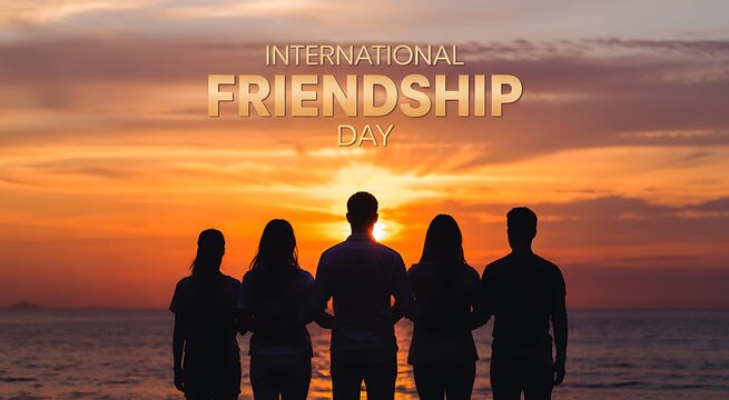 International friendship day celebration silhouetted friends watching sunset over ocean