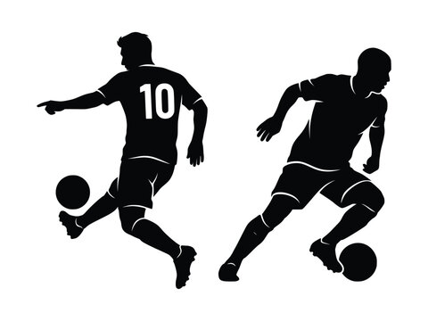 Football player number ten kicking ball and athlete dribbling on field silhouettes for professional sports club promotion.