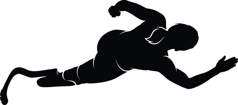 Paralympic female runner silhouette with prosthetic leg running forward view isolated on white background vector illustration