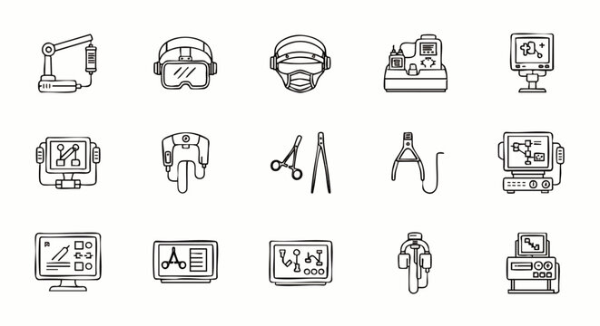 Flat colorful minimalist icons set with isolated vector illustrations on white background, concept for user interface design, mobile apps, web development, and educational materials