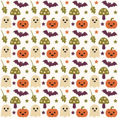 Obraz premium Cute Halloween Seamless Pattern with Ghosts, Pumpkins, Bats and Autumn Leaves