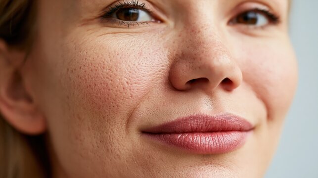 Female face closeup showing enlarged pores and smooth skin contrast