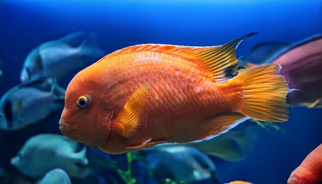 shoal of orange parrot fish swims in sea cichlid fish in the aquarium