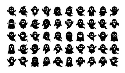 Fototapeta premium Scary Funny Ghost Silhouette Set with Halloween Character Faces Vector Collection