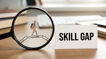 Fototapeta premium Skill gap business concept with magnifying glass, human figure crossing paperclip bridge, professional office desk background