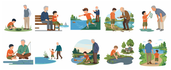 Fototapeta premium Grandfather and Grandson Bonding Outdoor Activities Vector Illustration Set