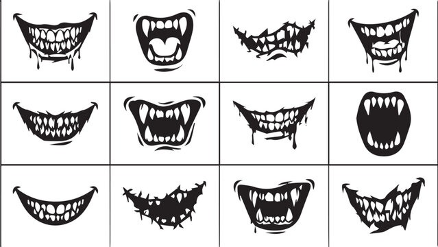 Creepy Monster and Vampire Mouth Teeth Silhouette Vector Icon Set