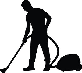 Silhouette of a Man Vacuuming with a Canister Vacuum Cleaner on White Background cleaning household