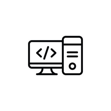 Desktop computer with code syntax on monitor screen icon computer programming software hardware