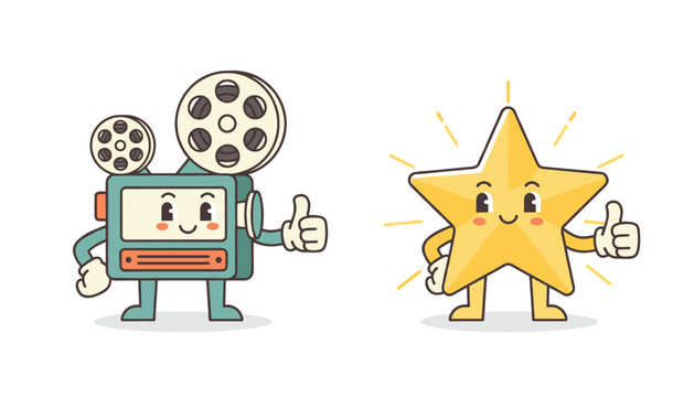 Retro cartoon characters of movie projector and shiny golden star giving thumbs up on white background.