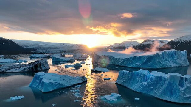 Majestic icebergs float in a glacial lagoon at sunrise.