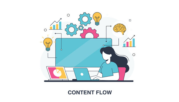 Content flow flat illustration with a female professional working on her laptop surrounded by business concepts.