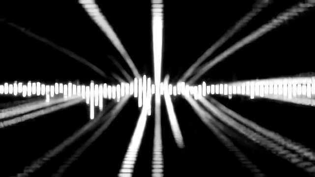 A sound wave equalizer pulsates with light against a dark background, with rays of light emanating outwards.