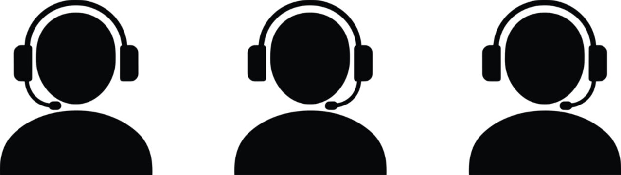 Three black silhouette icons of customer service operators with headsets on white background Keywords: customer service, icon, headset